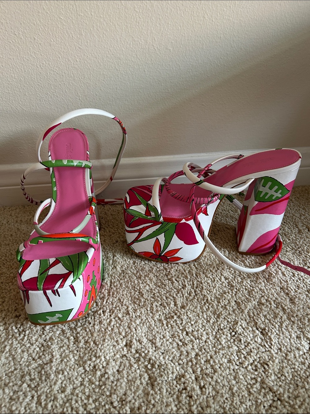 Cult Gaia Pink Floral Platform Sandals with Ankle Strap